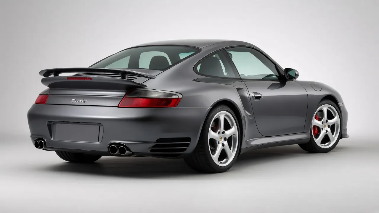 Studio rear three-quarter of a Seal Grey 996 Turbo with Aerokit wing, chrome turbo badge, and a blanked plate area.