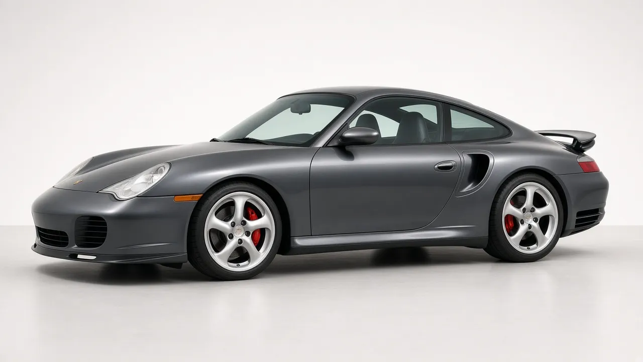 Studio side and front three-quarter of a Seal Grey 996 Turbo with Turbo Twist wheels, red calipers, and Aerokit wing. No license plate.